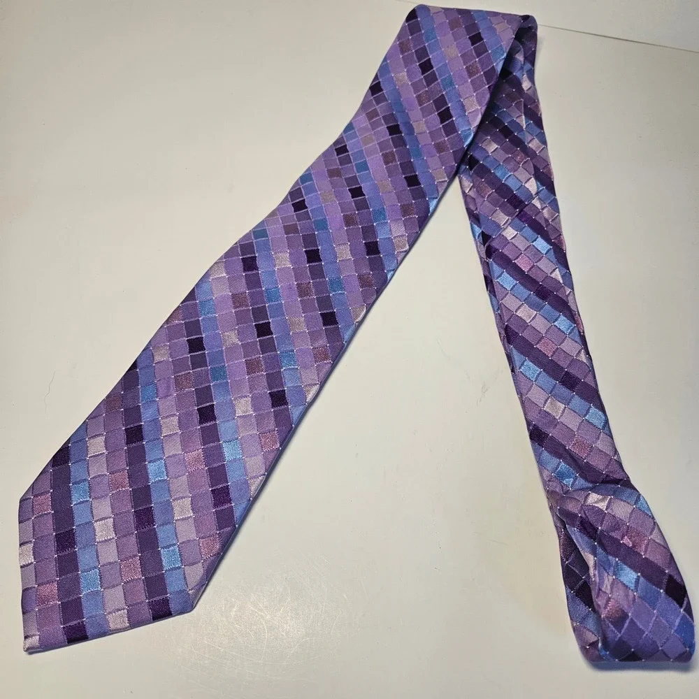John Bartlett Statements Mens Purple‎ Blue Geometric Mosaic 100% Silk Necktie